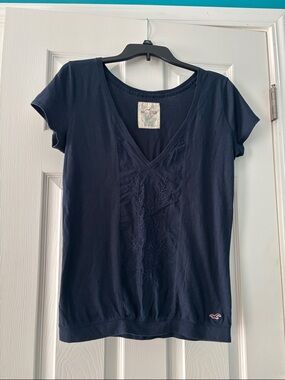 Hollister Navy Short Sleeve V-Neck Tee with Embroidered Detail